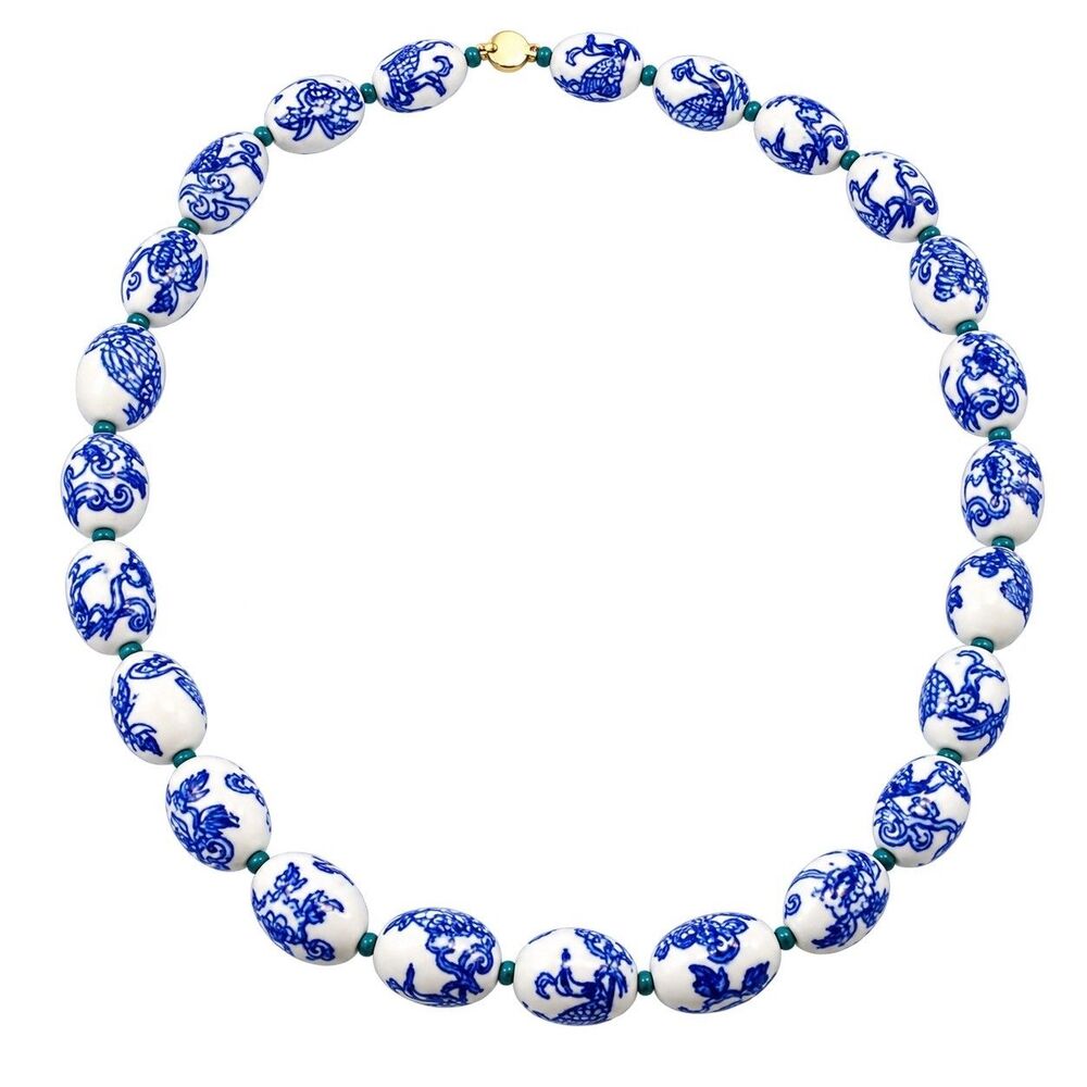 Antique Porcelain Hand Painted Large Dragon Blue White Bead Chinese Necklace 28"